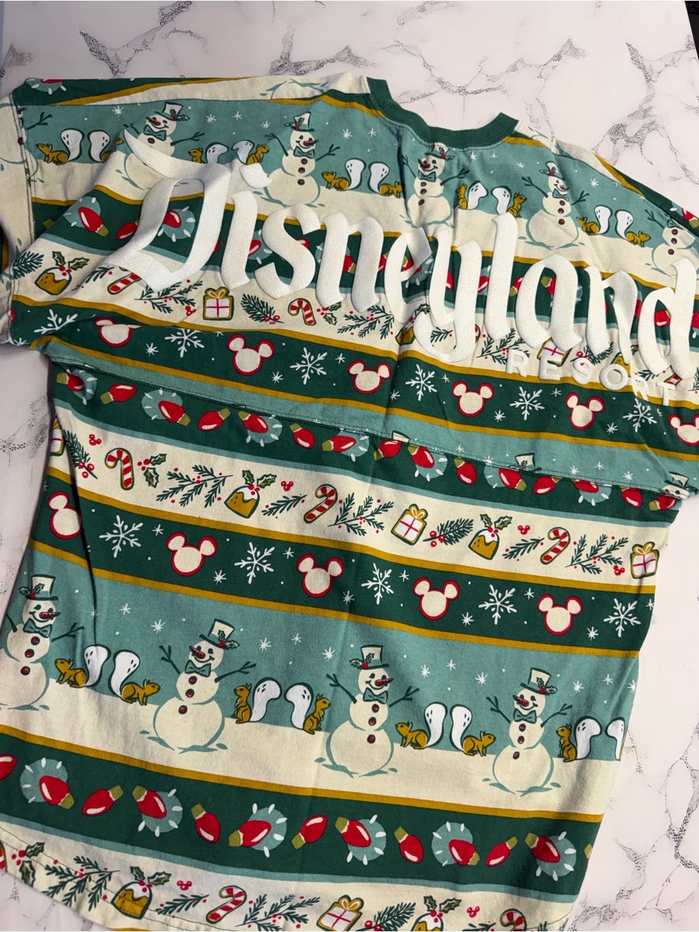 Disneyland Green & Cream Holiday Snowman Mickey Spirit Jersey Top - Picture 1 of 2